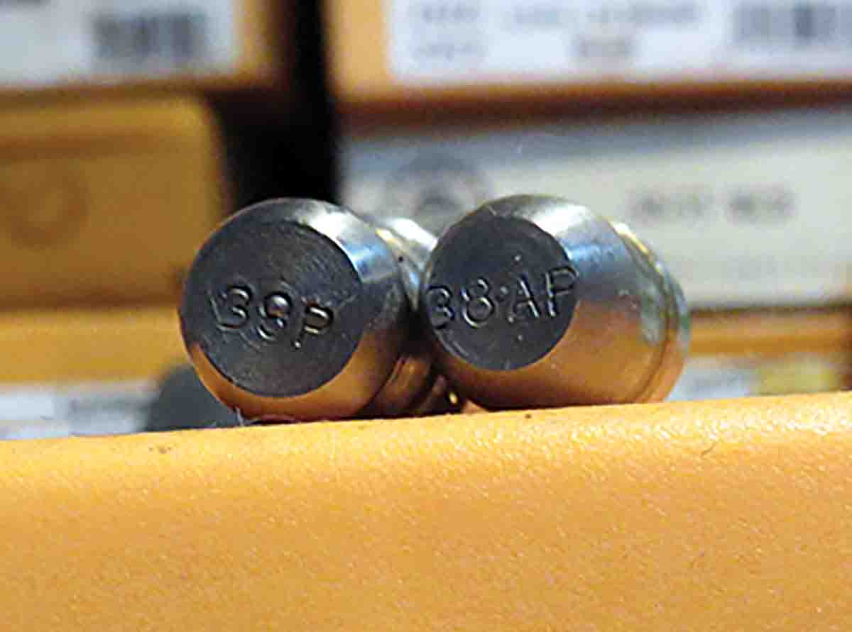 Expander plugs for revolver dies include two basic types: A smaller one (right) supplied for jacketed bullets and a larger one (left) for lead-alloy bullets.